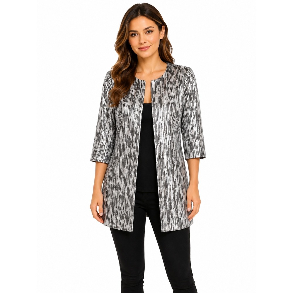Chico's Travelers Jacket Size 6 Silver Metallic 3/4 Sleeve Topper IT HAS POCKETS